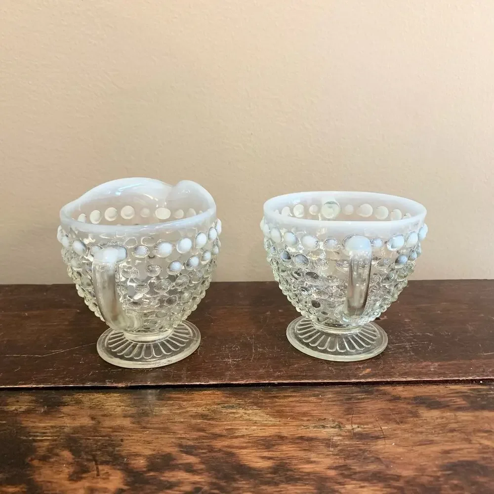 Anchor Hocking‎ 1950s Opalescent Hobnail Moonstone Creamer & Sugar